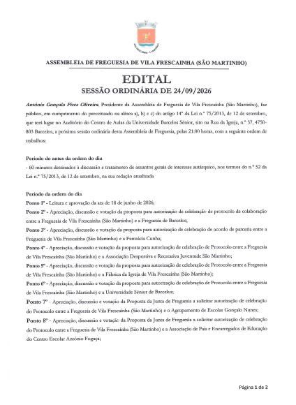 Assembleia de Freguesia - 24/09/2026 - 21h